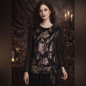 VTG Another Thyme Metallic Floral Tie Blouse Black Sheer Back Made in USA L Y2K